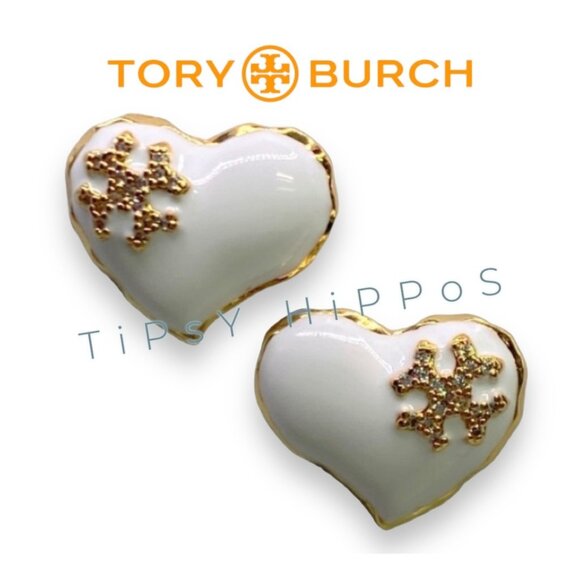 Tory Burch Heart Shaped Earrings In White & Gold - Picture 1 of 5